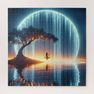 Girl On Swing In Moonlight Waterfall Jigsaw Puzzle
