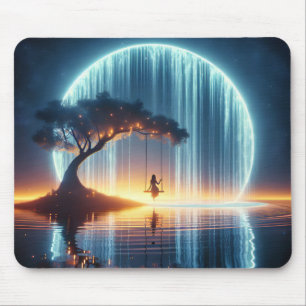 Girl On Swing In Waterfall Moon Mouse Pad