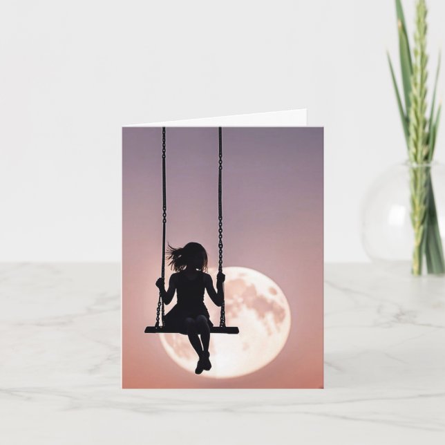Girl On Swing With Moon Note Card (Front)