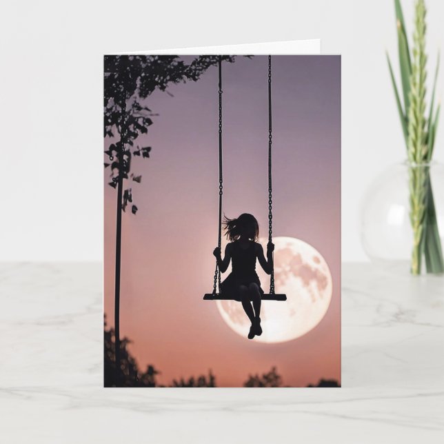 Girl On Swing With Moon Thinking of You Card (Front)
