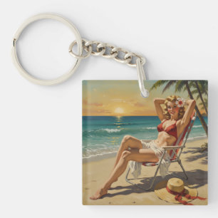 Girl On the Beach Retro '50s Pin-up art Key Ring