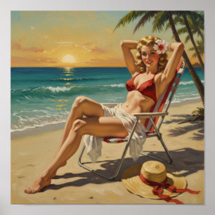 Girl On the Beach Retro '50s Pin-up art Poster