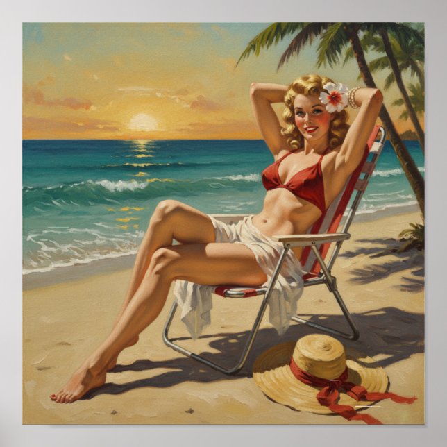 Girl On the Beach Retro '50s Pin-up art Poster (Front)