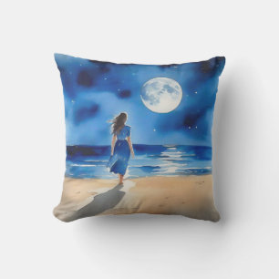 Girl on the Beach Under a Full Moon Cushion