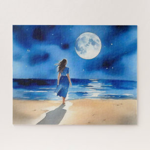 Girl on the Beach Under a Full Moon Jigsaw Puzzle