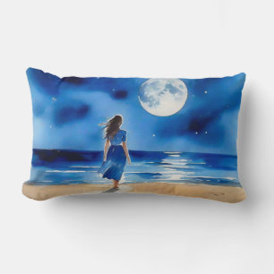 Girl on the Beach Under a Full Moon Lumbar Cushion