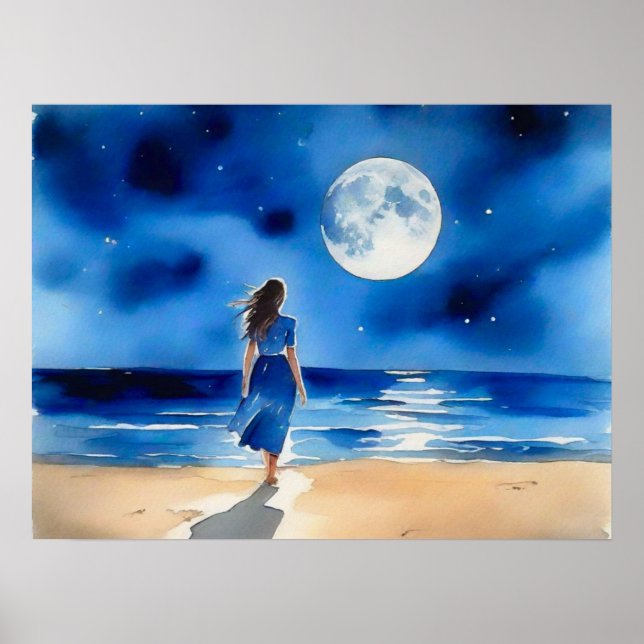 Girl on the Beach Under a Full Moon Poster (Front)