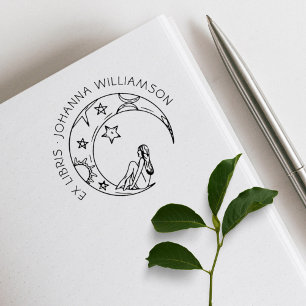 Girl On The Moon Custom Name Library Book Rubber Stamp