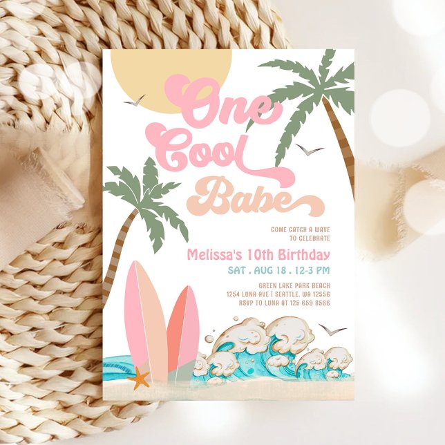 Girl One Cool Babe Surfing 1st Birthday Party Invitation (Creator Uploaded)