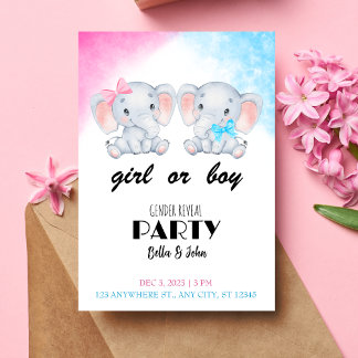 Girl or Boy Baby Elephant Gender Reveal Invitation