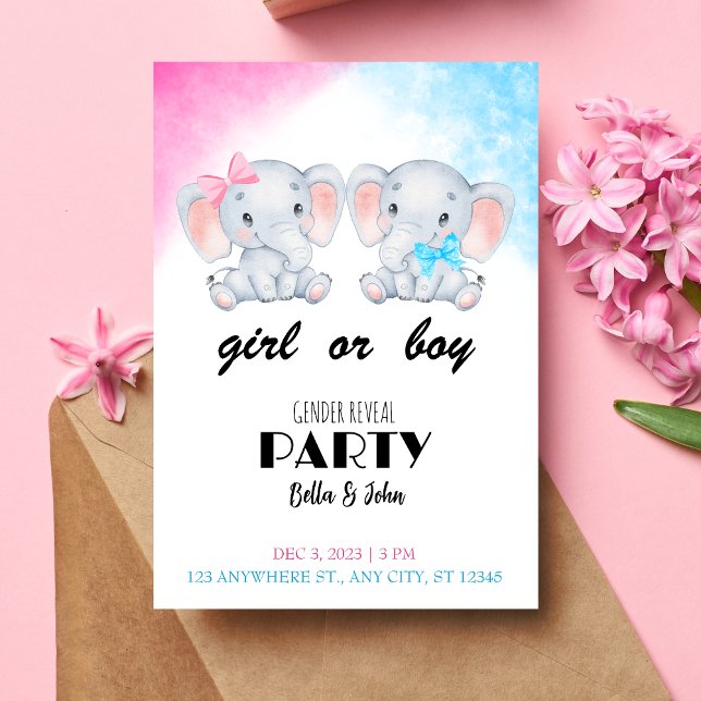 Girl or Boy Baby Elephant Gender Reveal Invitation (Front)