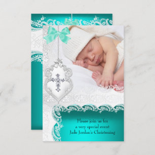 Girl or Boy Baptism Jade Teal White Lace Photo Invitation