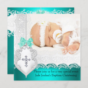 Girl or Boy Baptism Jade Teal White Lace Photo Invitation