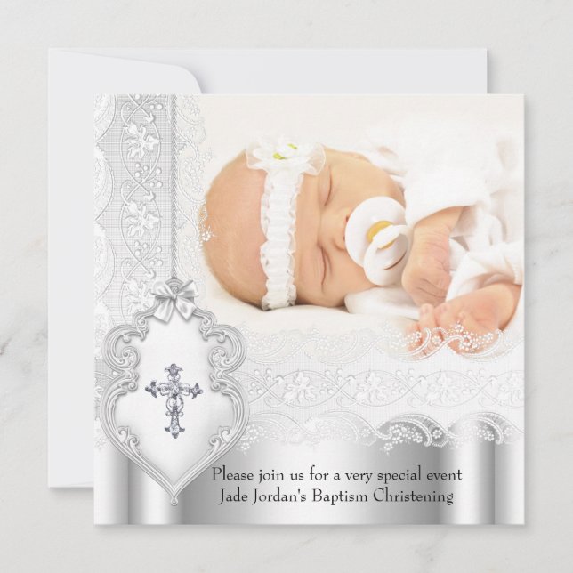 Girl or Boy Baptism Silver White Lace Photo Cross Invitation (Front)