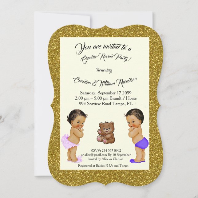 Girl or boy gender reveal,bear,glitter,gold,trendy invitation (Front)