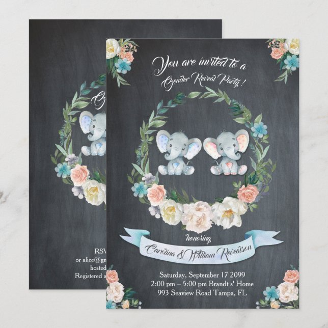 Girl or boy gender reveal elephant,blackboard,cute invitation (Front/Back)