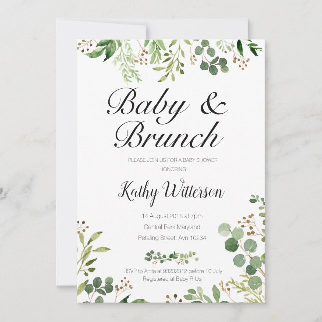 girl or boy greenery baby brunch shower invitation (Front)