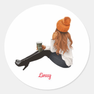 Girl Orange Autumn Fall Personalised Custom Coffee Classic Round Sticker