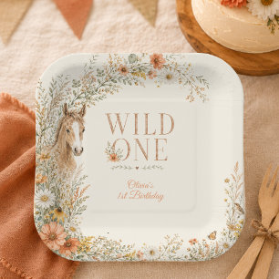 Girl Orange Wildflower Horse First Birthday Paper Plate