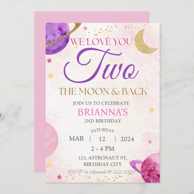 Girl Outer Space 2nd Pink Two The Moon Birthday Invitation (Front/Back)