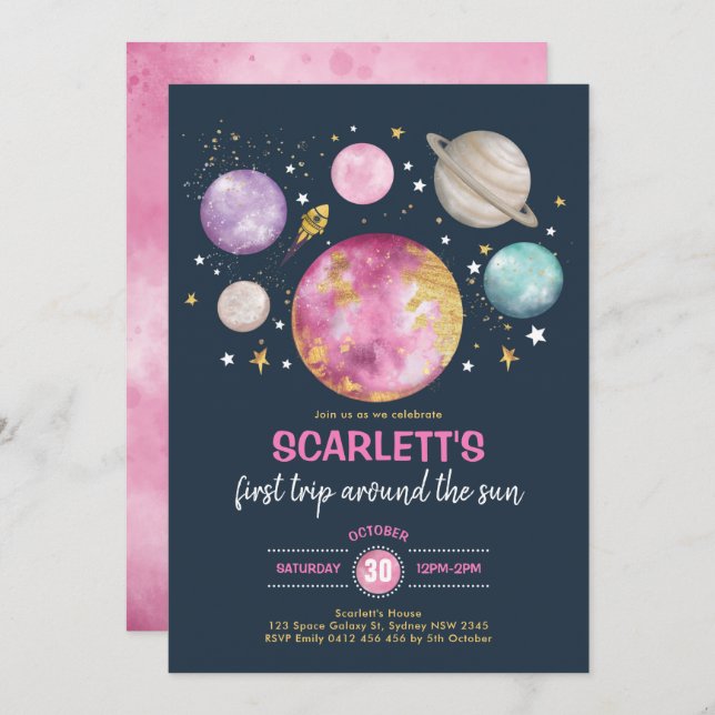 Girl Outer Space Galaxy Birthday Navy Pink Gold Invitation (Front/Back)