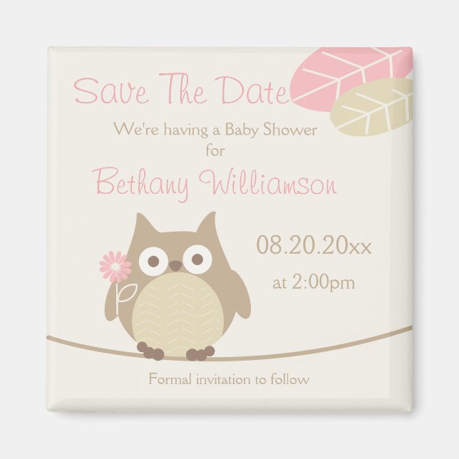 Girl Owl Baby Shower Save The Date Magnet (Front)