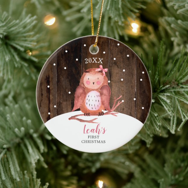 Girl Owl Cute Personalised Woodland Baby Christmas Ceramic Ornament (Tree)