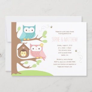Girl Owl Family on a Tree Baby Shower Invitation
