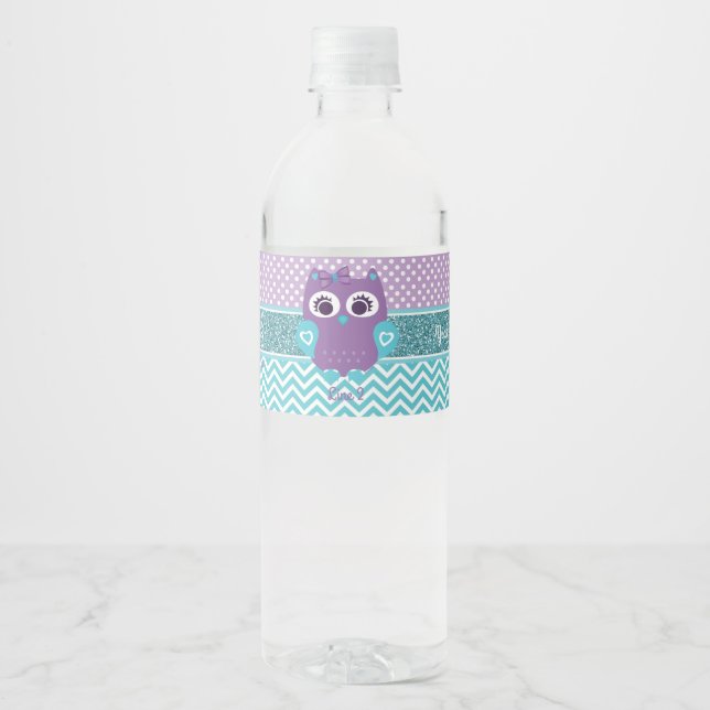 Girl owl water bottle label baby shower. (Front)