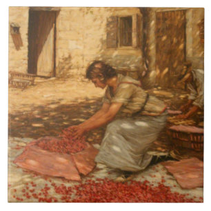 Girl Packing Cherries in Provence (France) Ceramic Tile