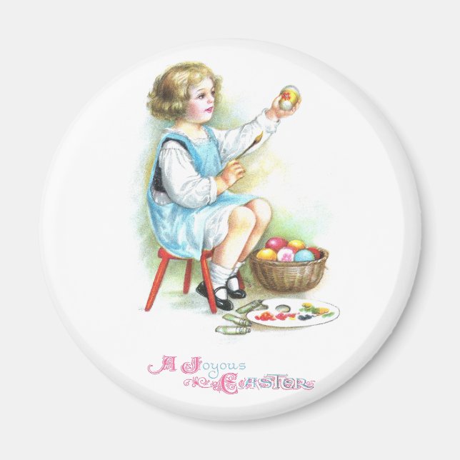 Girl Painting Eggs Vintage Easter Magnet (Front)
