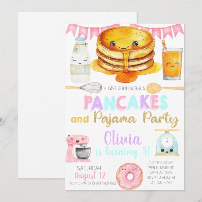 Girl pancakes and pajama birthday party invite. invitation (Front/Back)