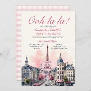 Girl Paris Patisserie 1st Pink Bow Birthday Party Invitation