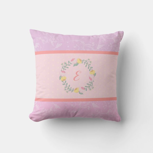 Girl Pastel Pink and Lavender Floral Monogram Kid Cushion (Front)