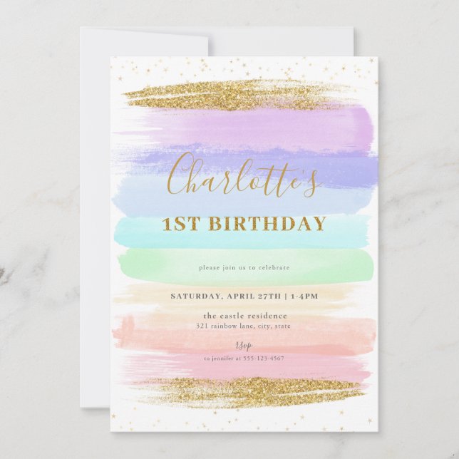 Girl Pastel Rainbow 1st Birthday Invitation (Front)
