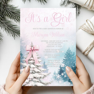 Girl Pastel Watercolor Winter Wonderland Trees Invitation