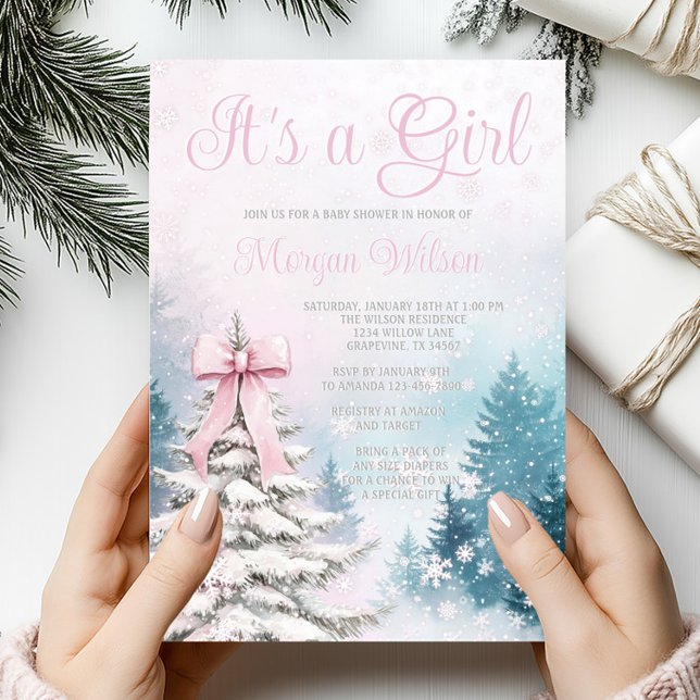 Girl Pastel Watercolor Winter Wonderland Trees Invitation (Beautiful pastel winter wonderland girl baby shower invitation. Simply add your event details.)