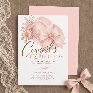 Girl Peach Coquette Script Cowgirl 1st Birthday Invitation