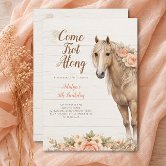 Girl Peach Floral Horse 5th Birthday Invitation
