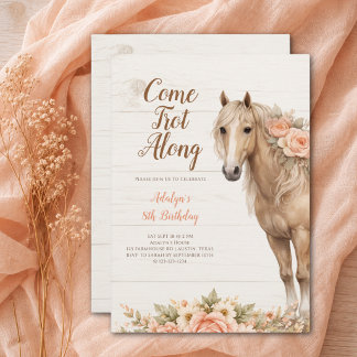 Girl Peach Floral Horse 8th Birthday Invitation
