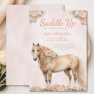 Girl Peach Floral Horse 8th Birthday Invitation
