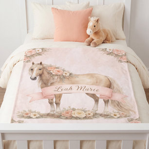 Girl Peach Floral Horse Personalised Name Sherpa Blanket