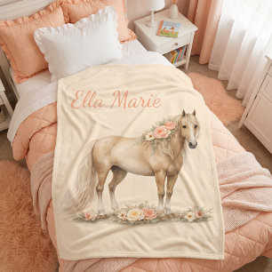 Girl Peach Horse Rose Monogram Name Fleece Blanket