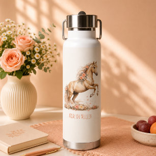 Girl Peach Horse Rose Personalised Name Water Bottle