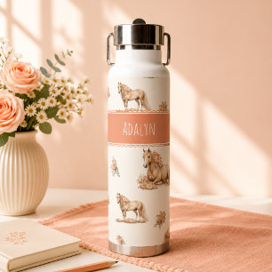Girl Peach Horse Roses Pattern Personalised Water Bottle