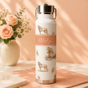 Girl Peach Horse Roses Pattern Personalised Water Bottle
