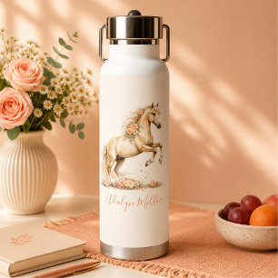 Girl Peach Horse Whimsical Script Monogram Water Bottle