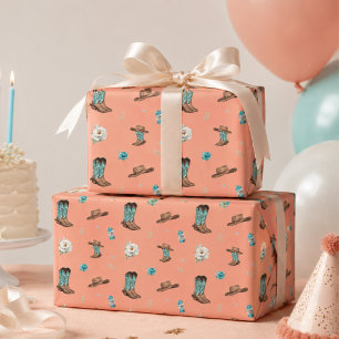 Girl Peach Teal Cowgirl Boots Floral Pattern Wrapping Paper