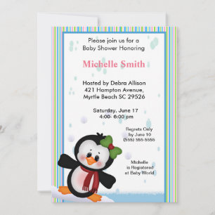 Girl Penguin Baby Shower Invitation