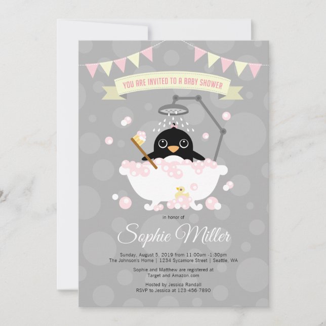Girl Penguin Baby Shower Invitation (Front)